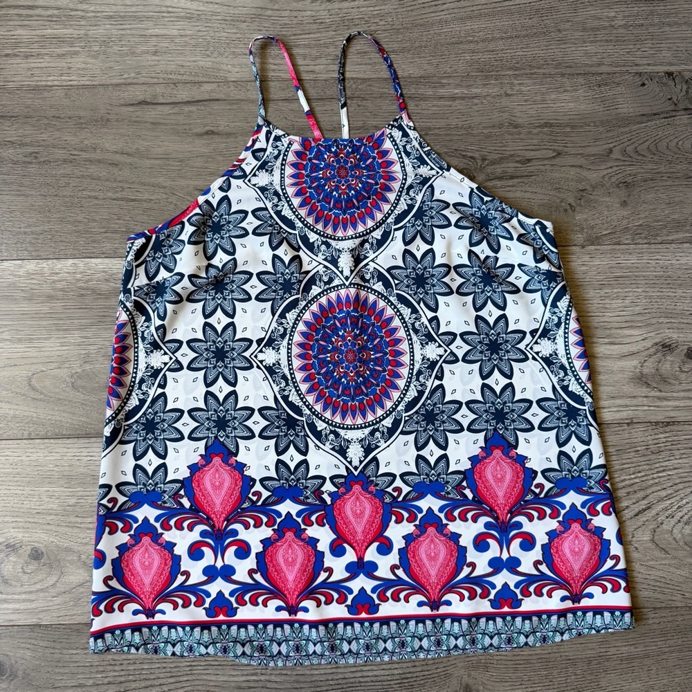Renee C. Blue & Pink Printed Halter Top Size Medium